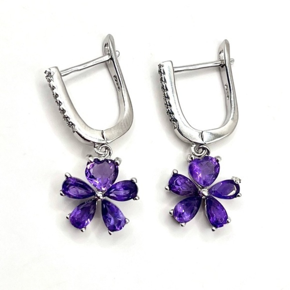 Genuine Amethyst Pear Cut Sterling Silver Dangle Earrings